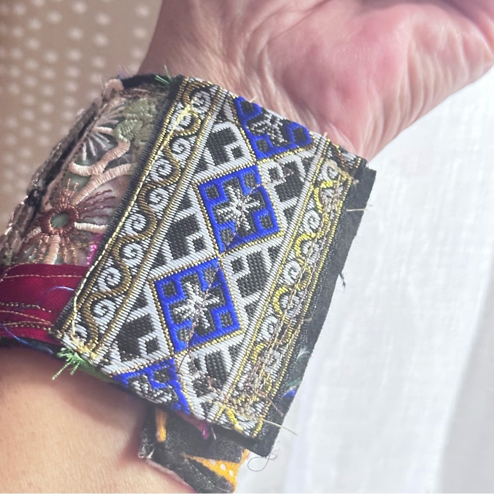 RUBYRUDI Cuff Bracelet Handcrafted OOAK Fabric Embellished Artisan Wearable Art - Picture 9 of 15